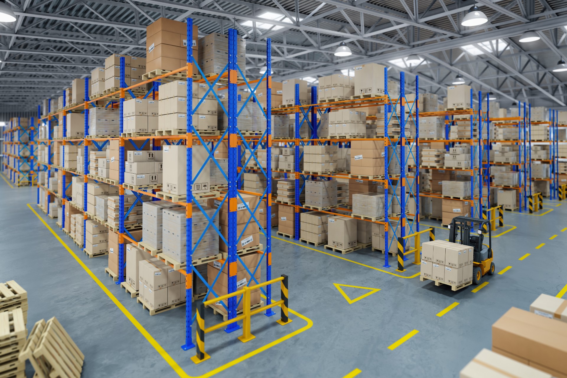 Product Sourcing 1 forklift truck in warehouse or storage and shelves 5GCNR3M